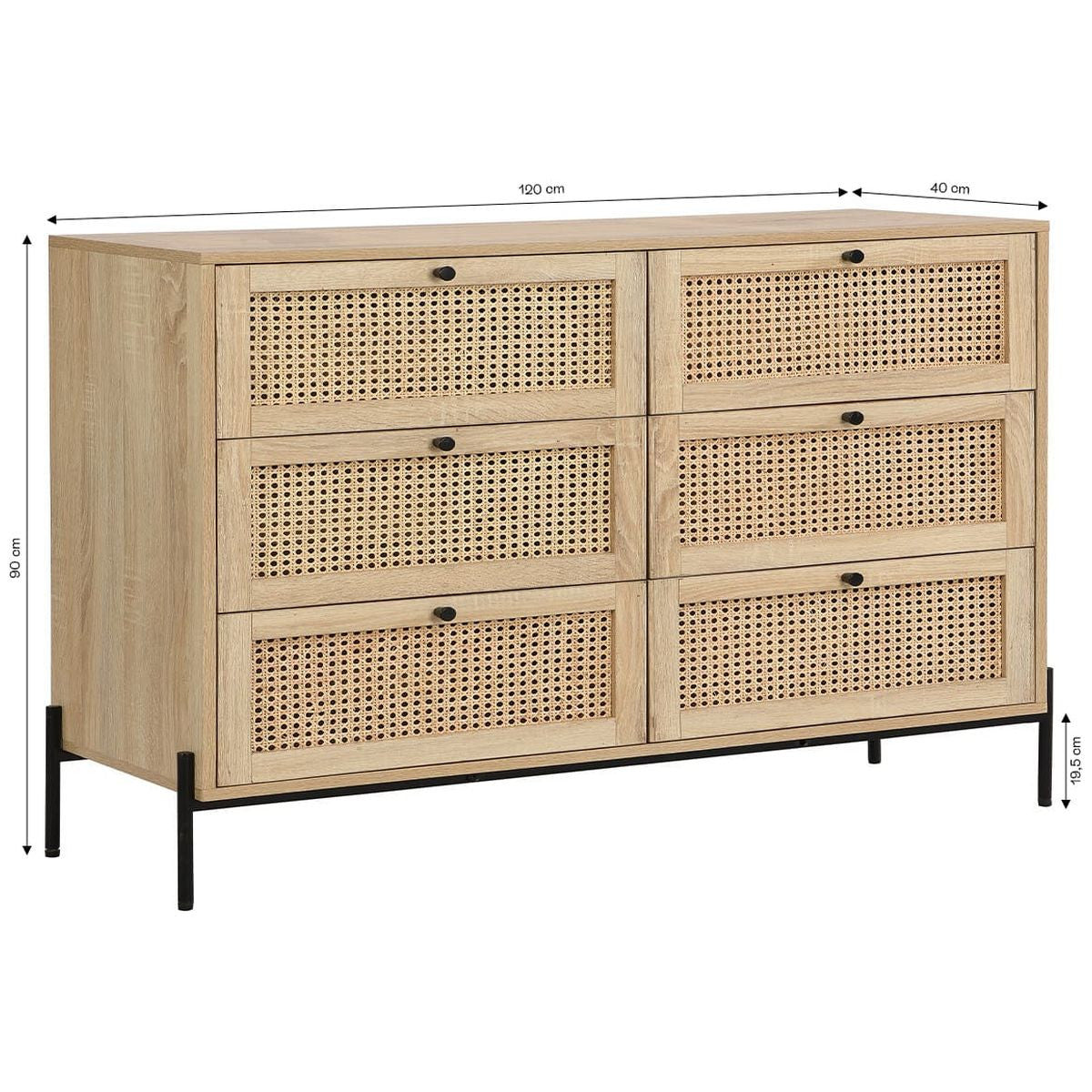 Iris - Commode 6 Tiroirs en Cannage Naturel et Effet Chêne 120 cm - Bois