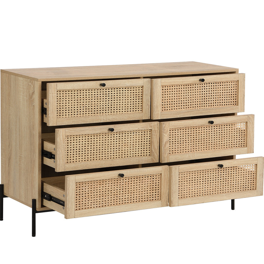 Iris - Commode 6 Tiroirs en Cannage Naturel et Effet Chêne 120 cm - Bois