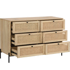 Iris - Commode 6 Tiroirs en Cannage Naturel et Effet Chêne 120 cm - Bois