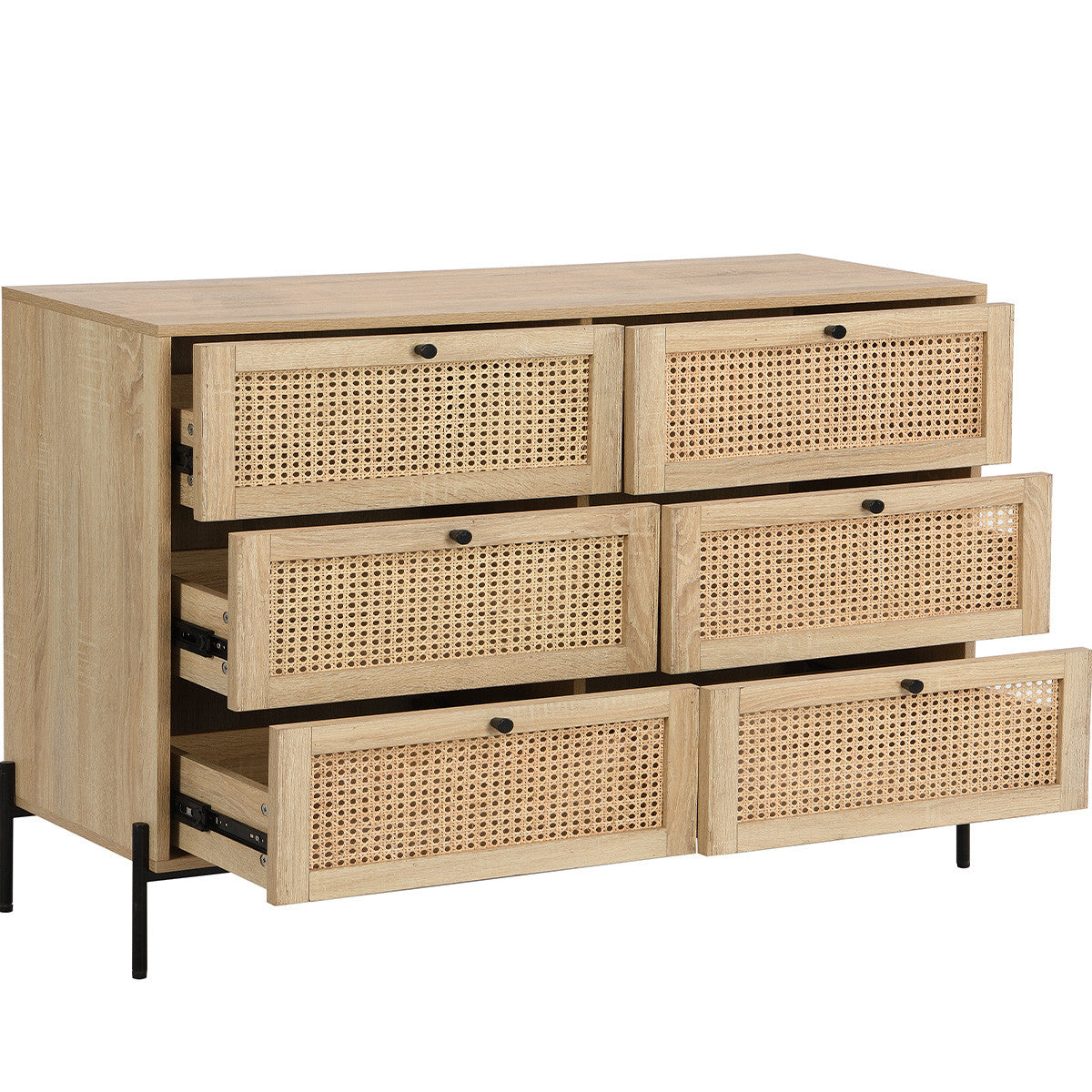 Iris - Commode 6 Tiroirs en Cannage Naturel et Effet Chêne 120 cm - Bois