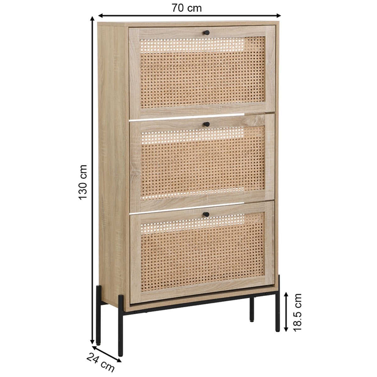 Iris - Meuble à Chaussures 3 Portes en Cannage et Effet Chêne 70 cm - Bois