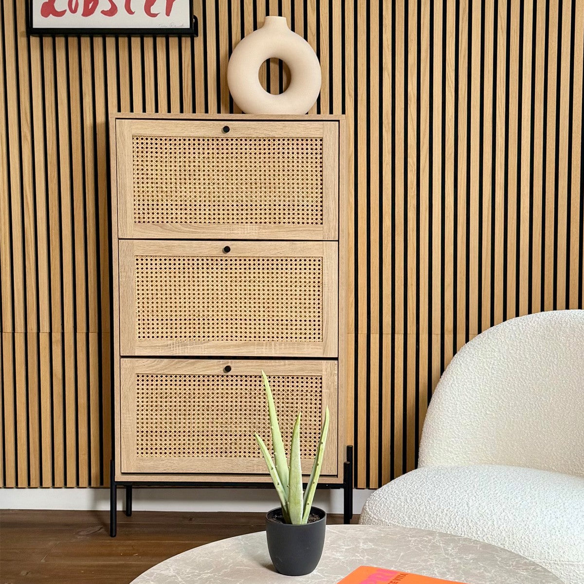 Iris - Meuble à Chaussures 3 Portes en Cannage et Effet Chêne 70 cm - Bois