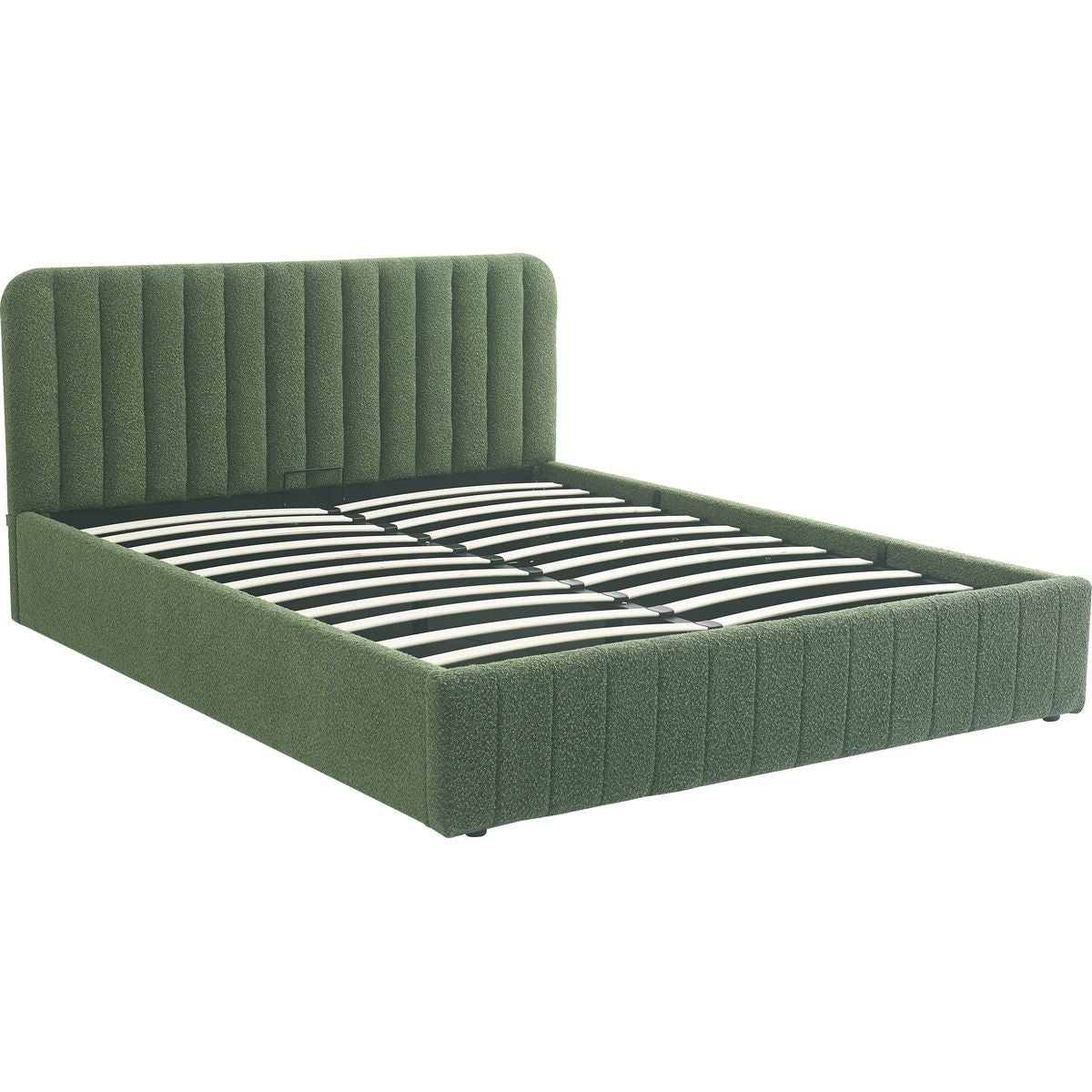Ava - Lit Coffre Adulte 140x190 cm avec Tête de Lit Capitonnée en Tissu Bouclé - Vert Kaki