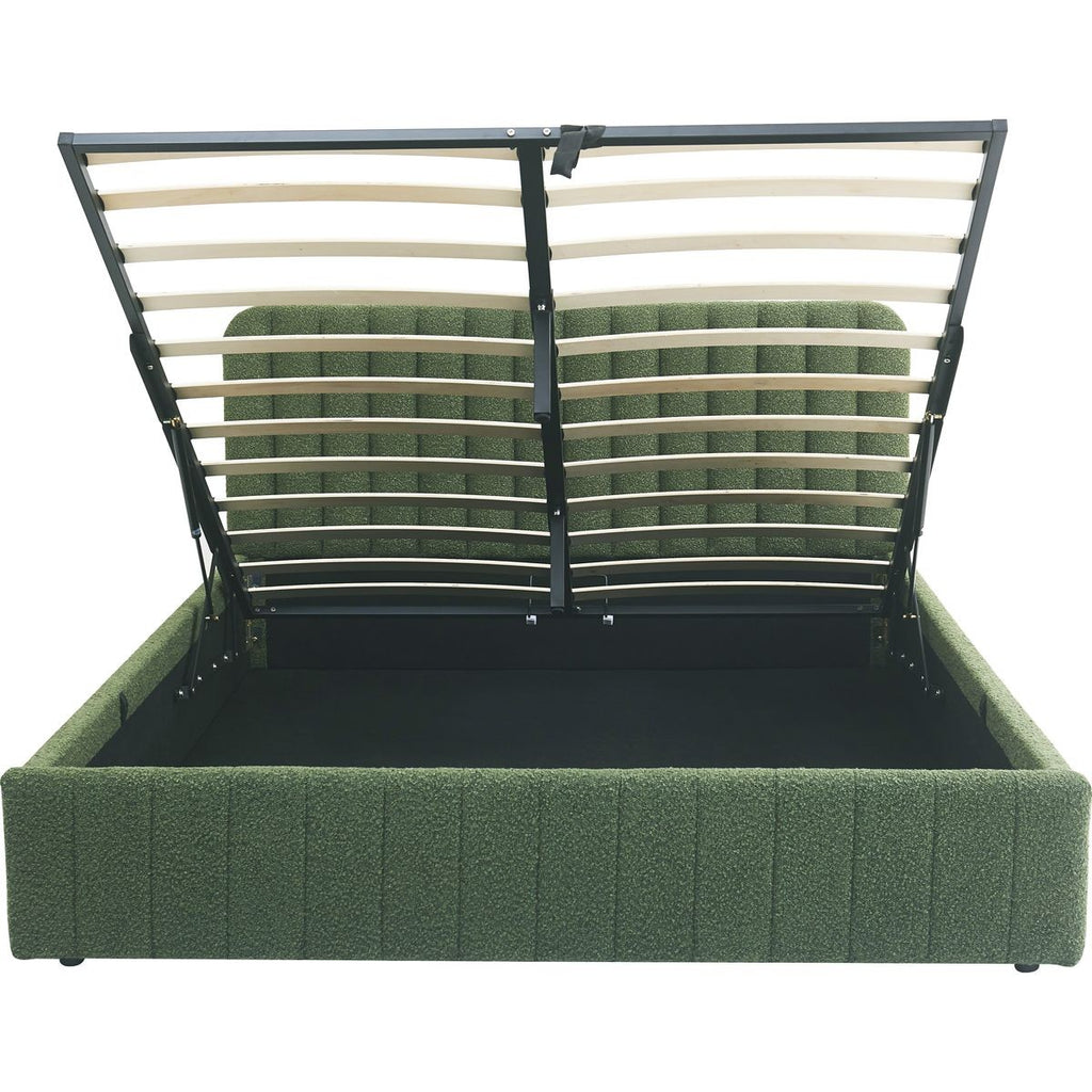 Ava - Lit Coffre Adulte 140x190 cm avec Tête de Lit Capitonnée en Tissu Bouclé - Vert Kaki