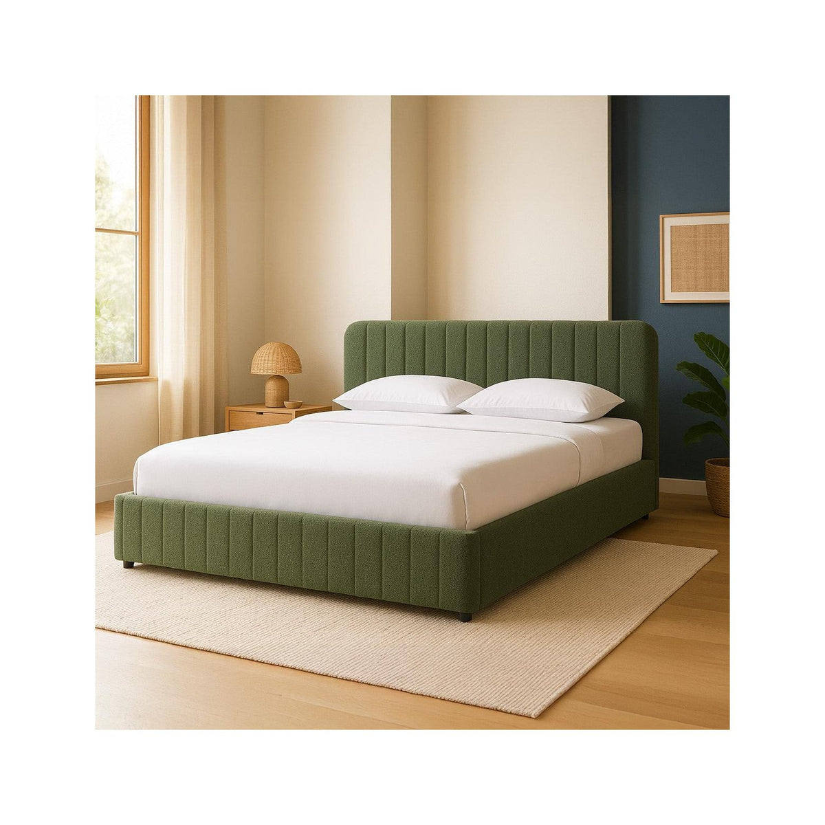 Ava - Lit Coffre Adulte 140x190 cm avec Tête de Lit Capitonnée en Tissu Bouclé - Vert Kaki