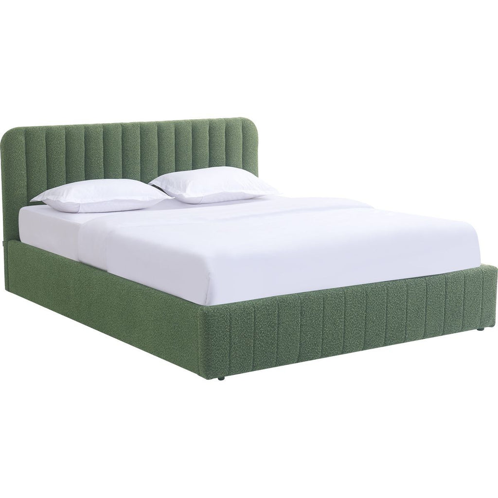 Ava - Lit Coffre Adulte 140x190 cm avec Tête de Lit Capitonnée en Tissu Bouclé - Vert Kaki
