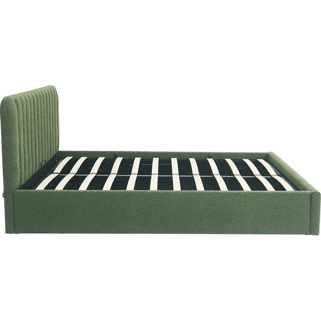Ava - Lit Coffre Adulte 160x200 cm avec Tête de Lit Capitonnée en Tissu Bouclé - Vert Kaki