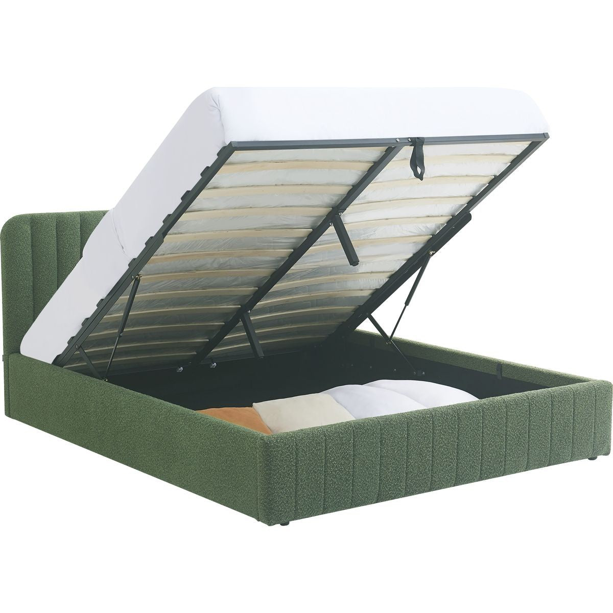 Ava - Lit Coffre Adulte 160x200 cm avec Tête de Lit Capitonnée en Tissu Bouclé - Vert Kaki