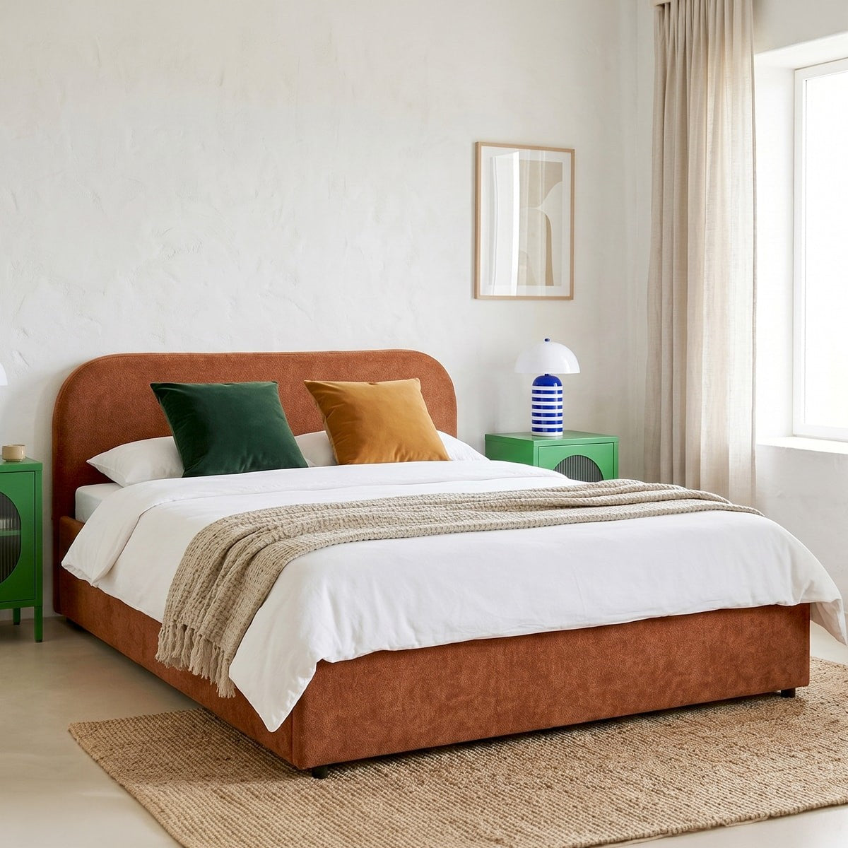 Cassis - Lit Coffre Adulte 140x190 cm avec Tête de Lit en Tissu Chenille - Terracotta