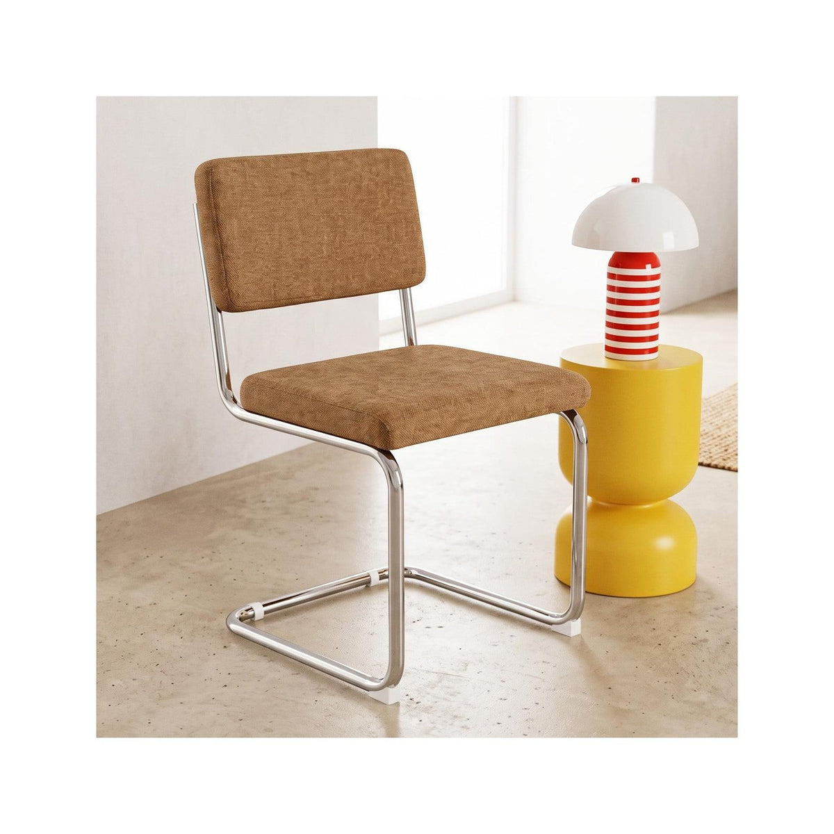 Dulce - Lot de 2 Chaises en Tissu Chenille et Piètement Chromé - Camel