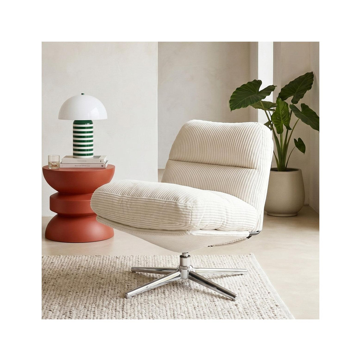 Julia - Fauteuil Pivotant en Velours Cotelé et Piètement Chromé - Beige