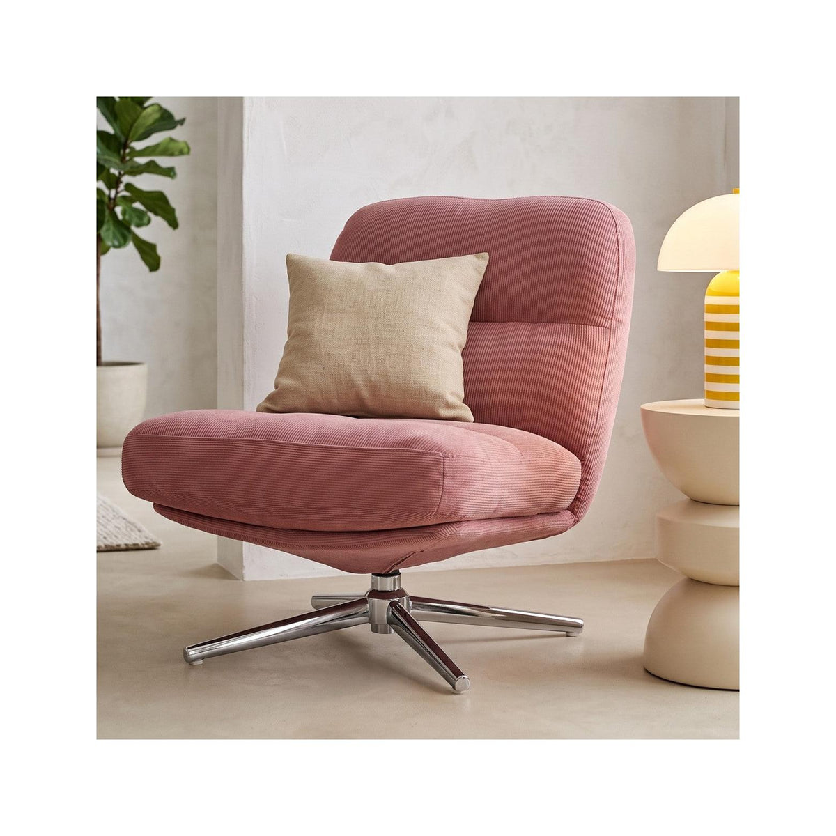 Julia - Fauteuil Pivotant en Velours Côtelé et Piètement Chromé - Rose