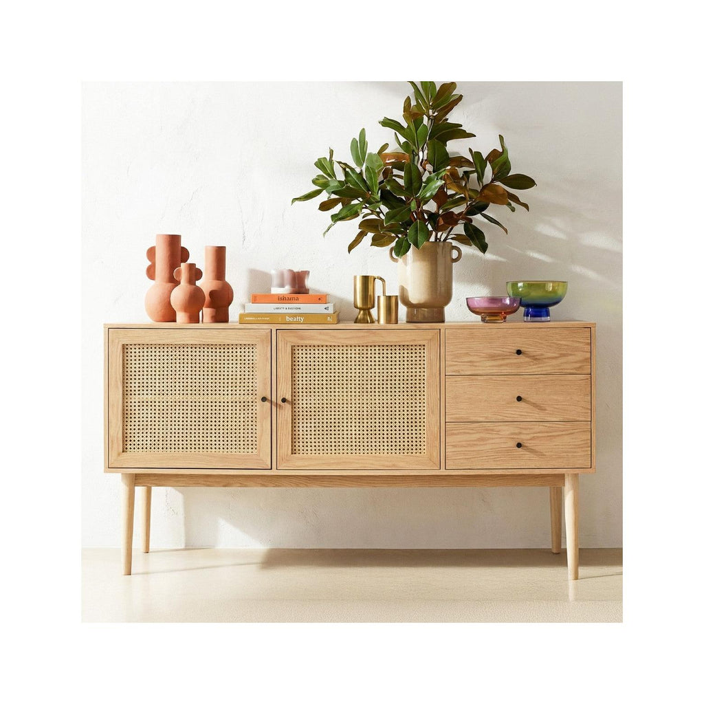 Eden - Buffet 2 Portes 3 Tiroirs en Cannage Naturel et Placage Chêne 170 cm - Bois