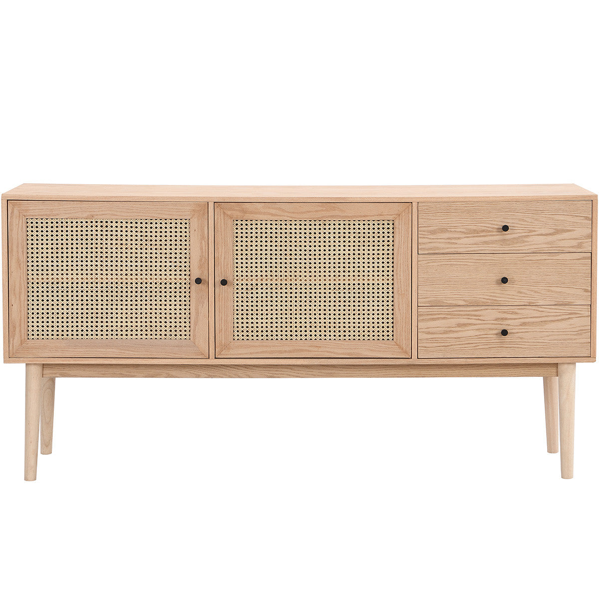 Eden - Buffet 2 Portes 3 Tiroirs en Cannage Naturel et Placage Chêne 170 cm - Bois