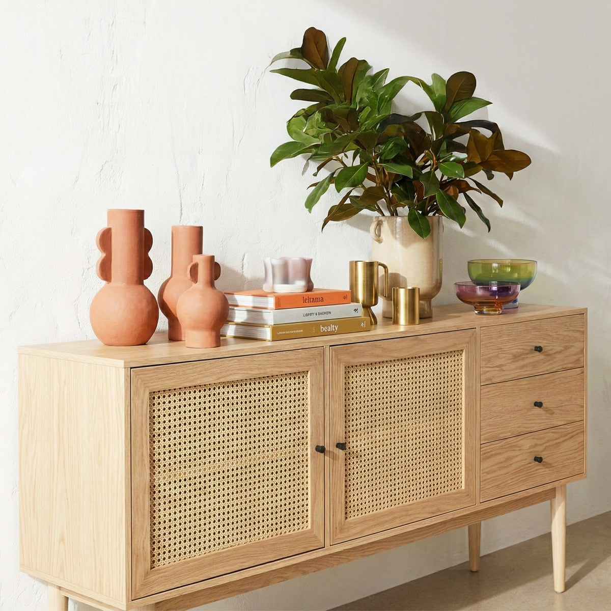 Eden - Buffet 2 Portes 3 Tiroirs en Cannage Naturel et Placage Chêne 170 cm - Bois