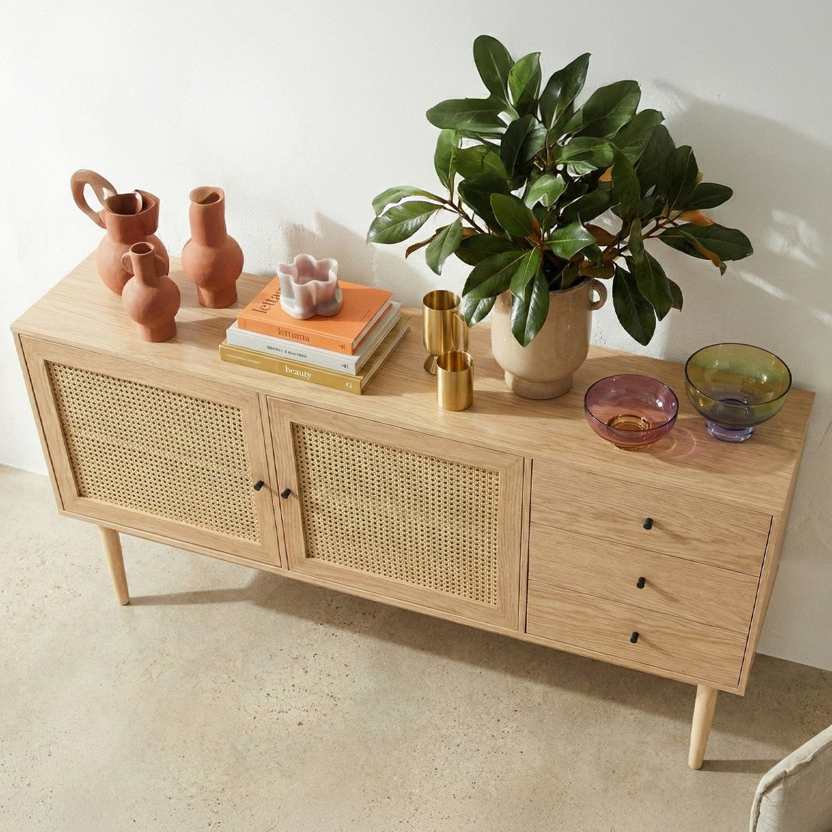 Eden - Buffet 2 Portes 3 Tiroirs en Cannage Naturel et Placage Chêne 170 cm - Bois