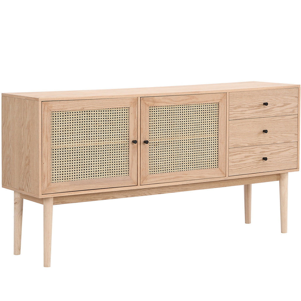 Eden - Buffet 2 Portes 3 Tiroirs en Cannage Naturel et Placage Chêne 170 cm - Bois