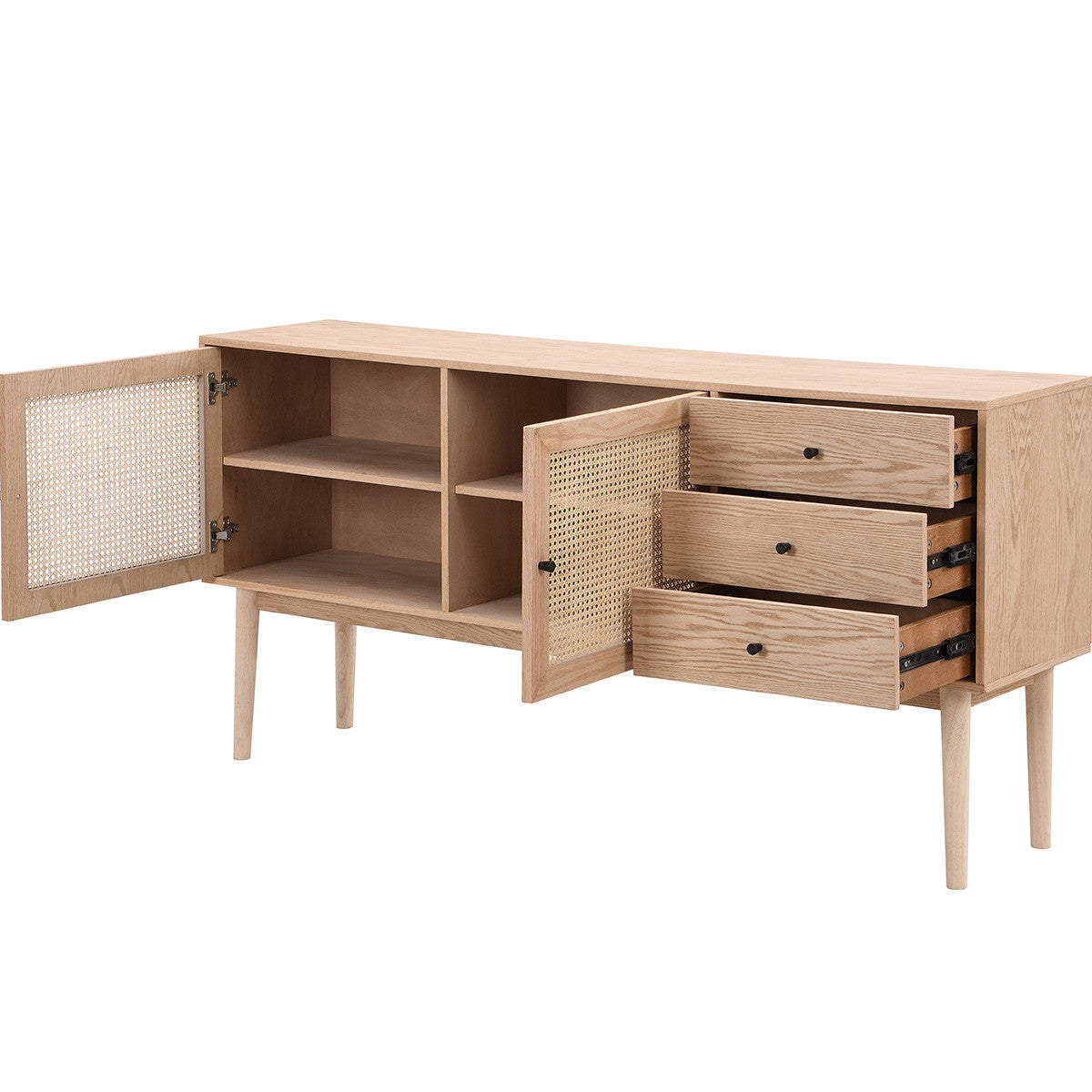 Eden - Buffet 2 Portes 3 Tiroirs en Cannage Naturel et Placage Chêne 170 cm - Bois