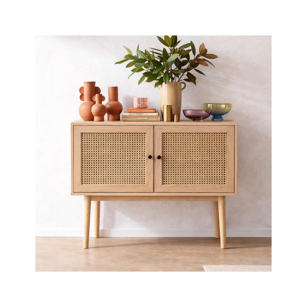 Eden - Buffet 2 Portes en Cannage Naturel et Placage Chêne 100 cm - Bois