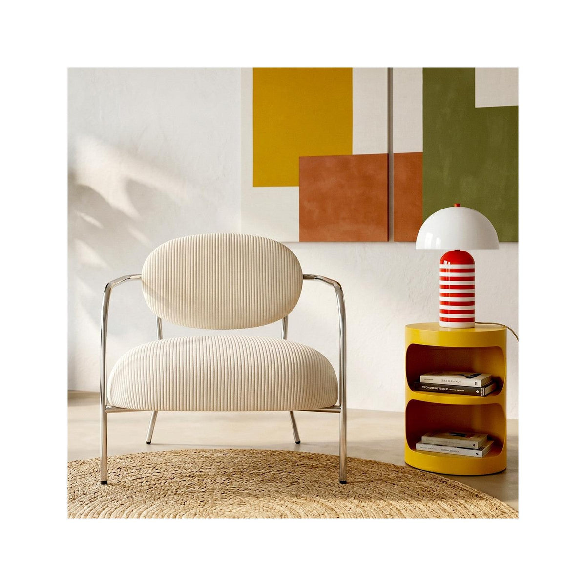 Léon - Fauteuil en Velours Cotelé et Piètement Chromé - Beige