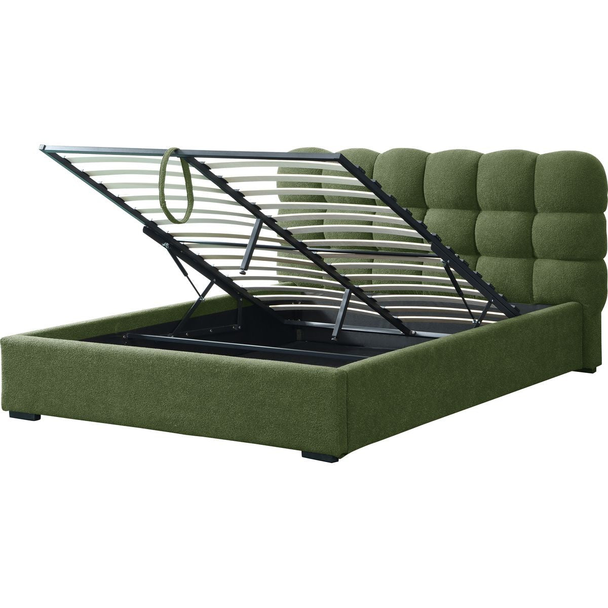 Lola - Lit Coffre Adulte avec Sommier et Tête de Lit Capitonnée en Tissu Bouclé - Vert