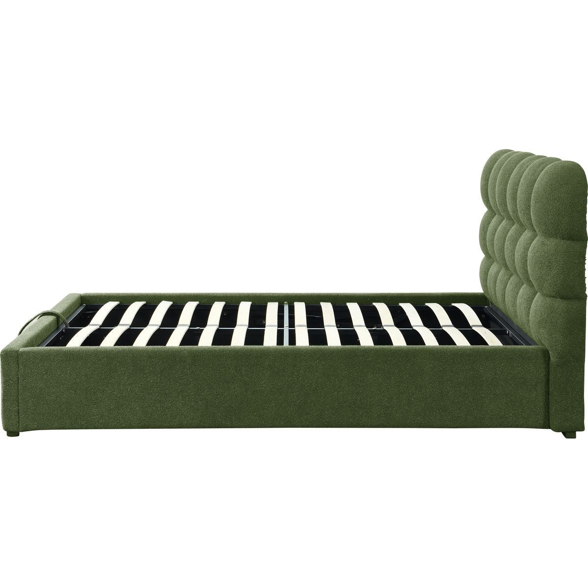 Lola - Lit Coffre Adulte avec Sommier et Tête de Lit Capitonnée en Tissu Bouclé - Vert