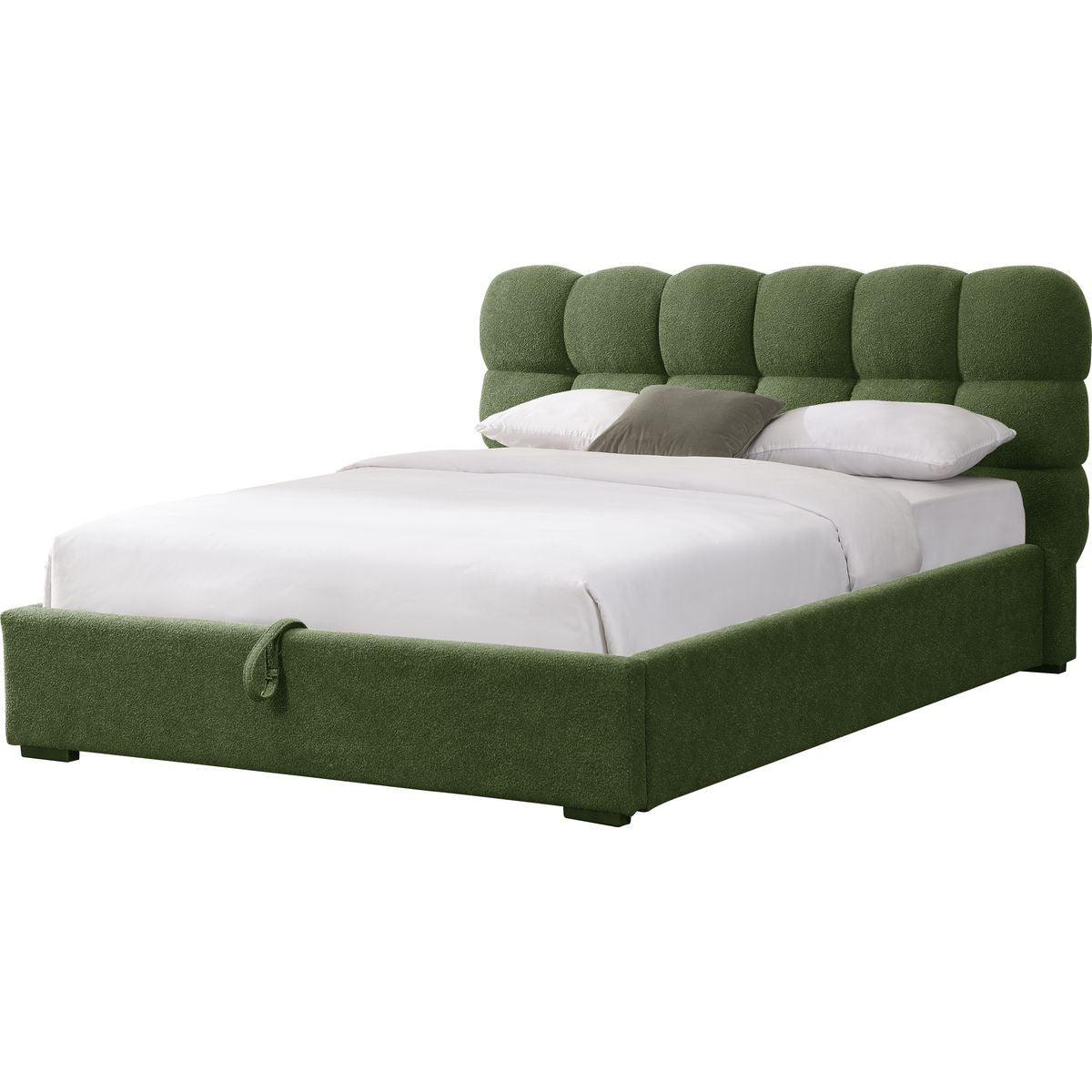 Lola - Lit Coffre Adulte avec Sommier et Tête de Lit Capitonnée en Tissu Bouclé - Vert