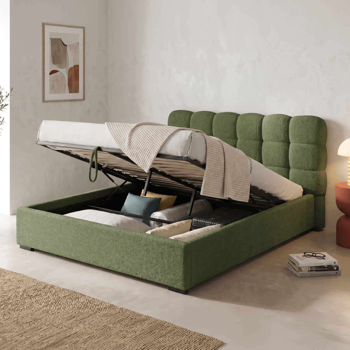 Lola - Lit Coffre Adulte avec Sommier et Tête de Lit Capitonnée en Tissu Bouclé - Vert