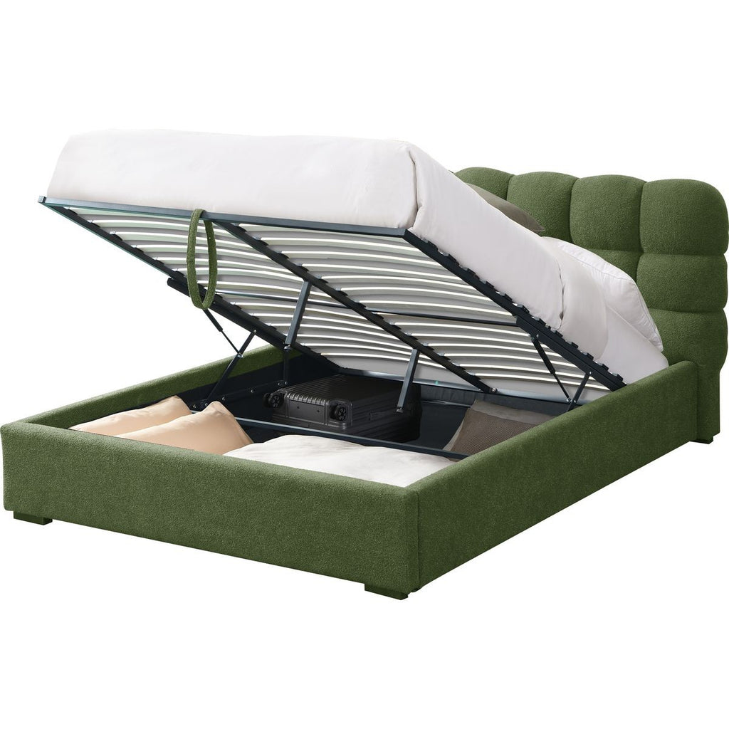 Lola - Lit Coffre Adulte avec Sommier et Tête de Lit Capitonnée en Tissu Bouclé - Vert