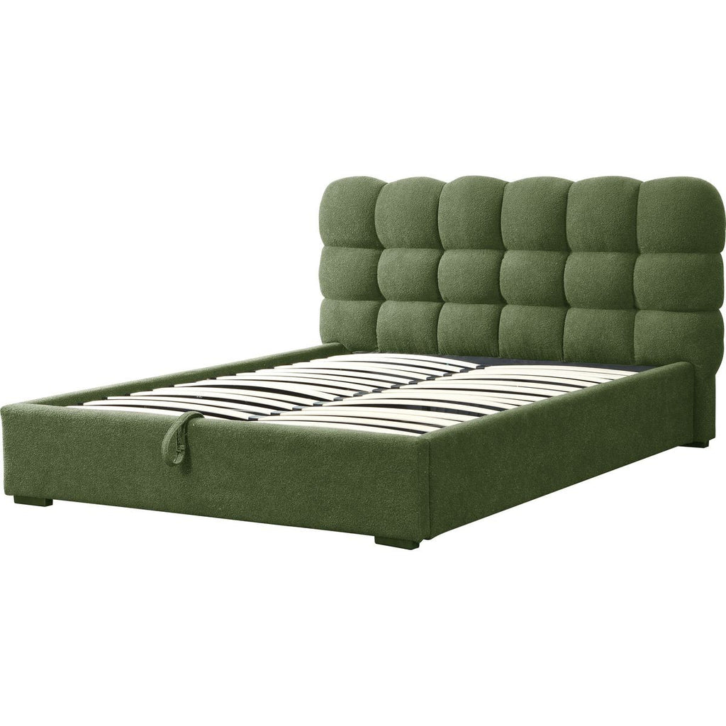Lola - Lit Coffre Adulte avec Sommier et Tête de Lit Capitonnée en Tissu Bouclé - Vert