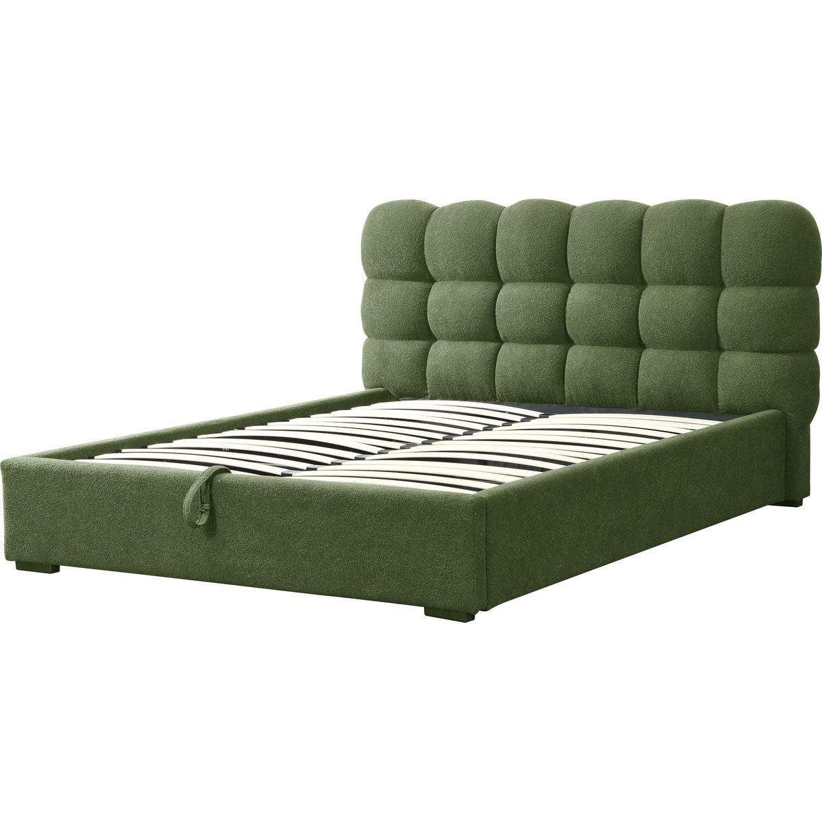 Lola - Lit Coffre Adulte avec Sommier et Tête de Lit Capitonnée en Tissu Bouclé - Vert