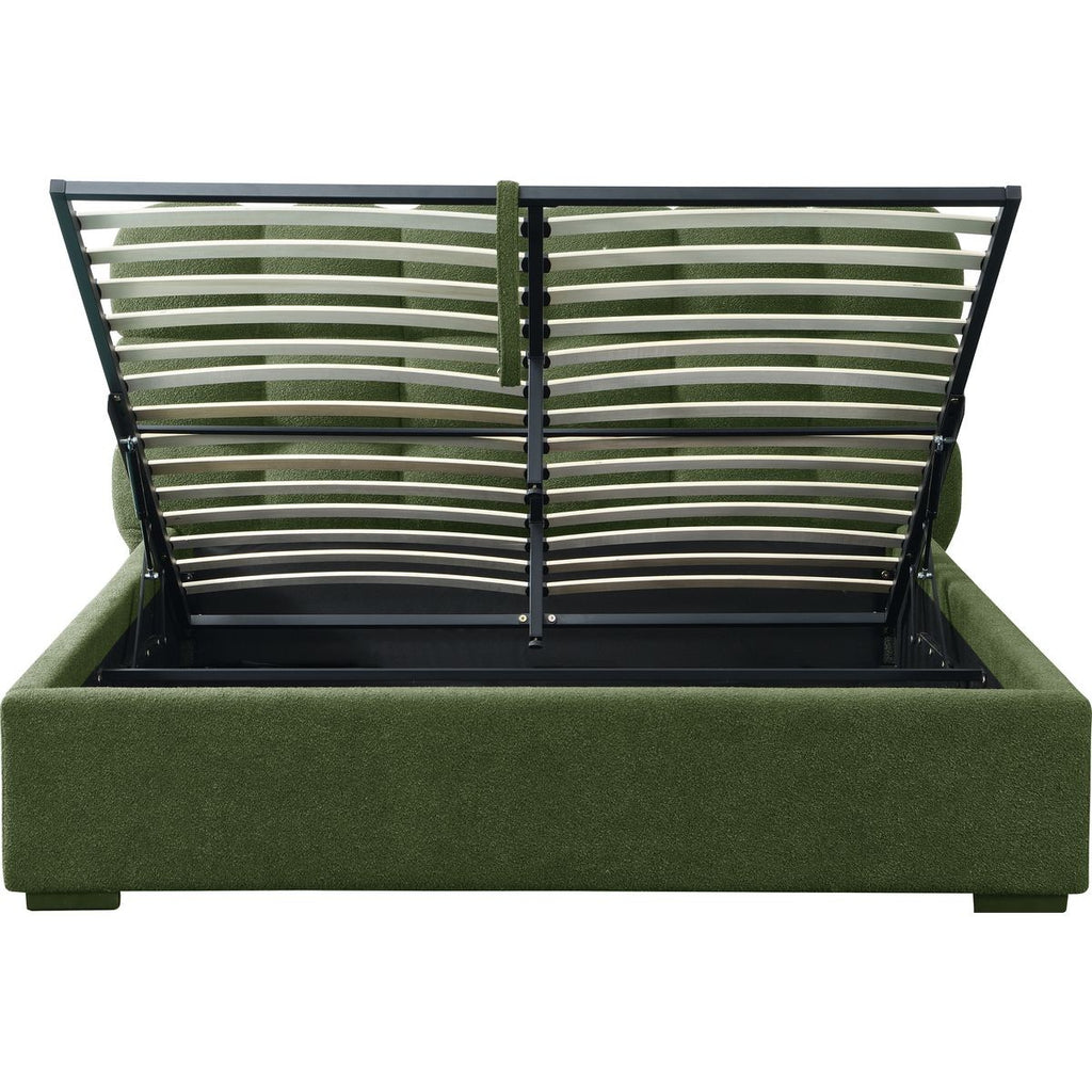 Lola - Lit Coffre Adulte avec Sommier et Tête de Lit Capitonnée en Tissu Bouclé - Vert