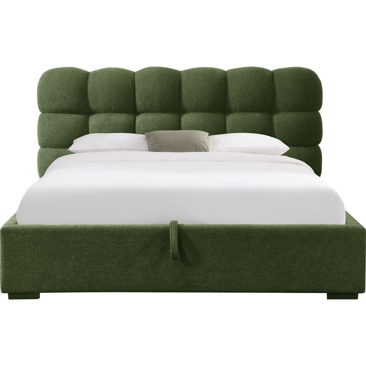 Lola - Lit Coffre Adulte avec Sommier et Tête de Lit Capitonnée en Tissu Bouclé - Vert