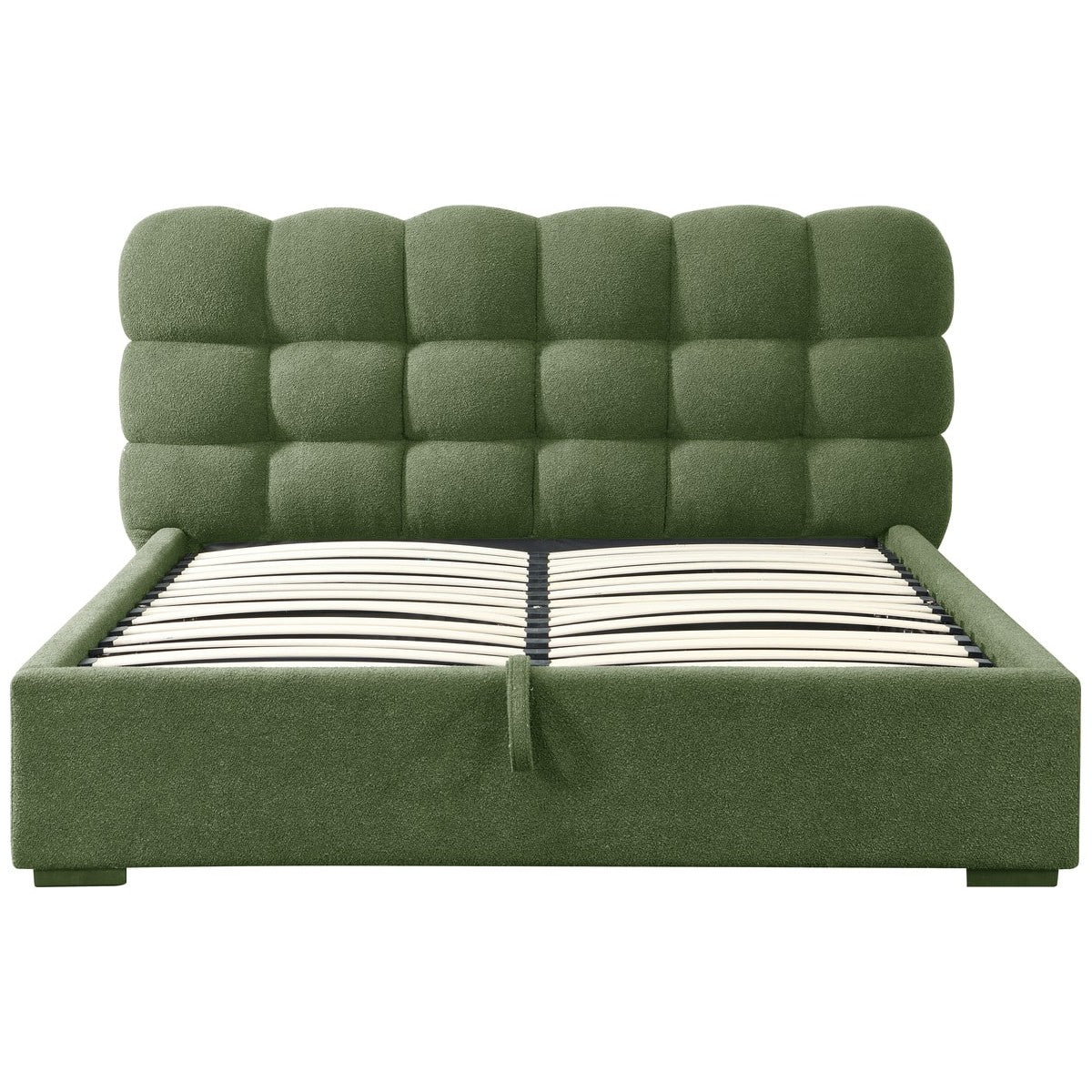 Lola - Lit Coffre Adulte avec Sommier et Tête de Lit Capitonnée en Tissu Bouclé - Vert