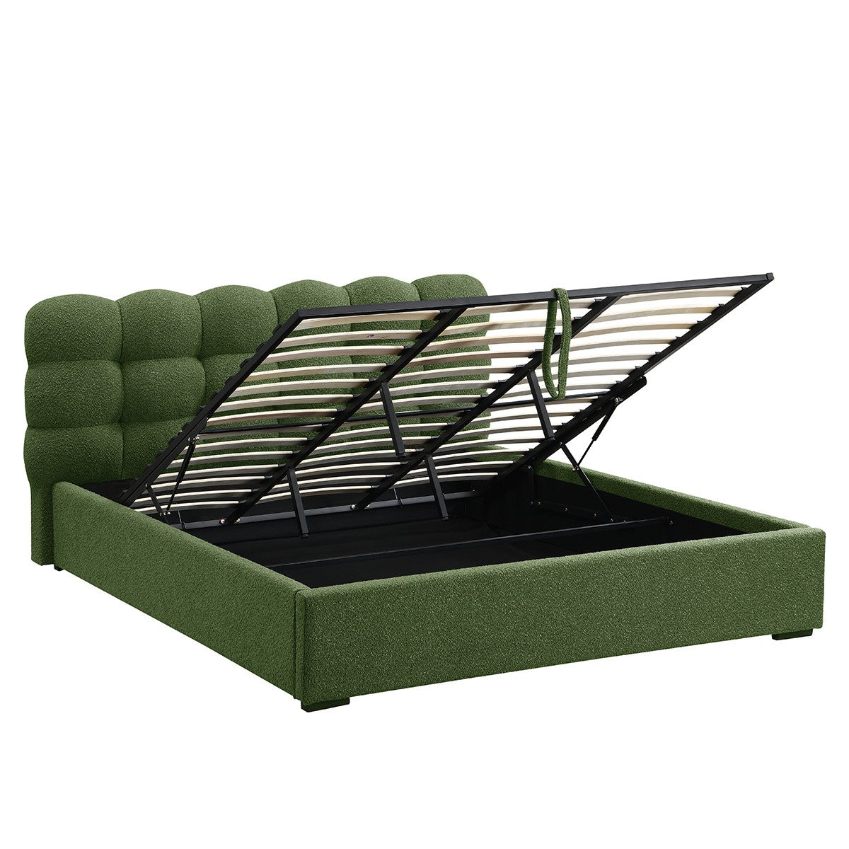 Lola - Lit Coffre Adulte avec Sommier et Tête de Lit Capitonnée en Tissu Bouclé - Vert