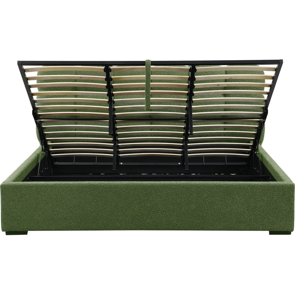Lola - Lit Coffre Adulte avec Sommier et Tête de Lit Capitonnée en Tissu Bouclé - Vert