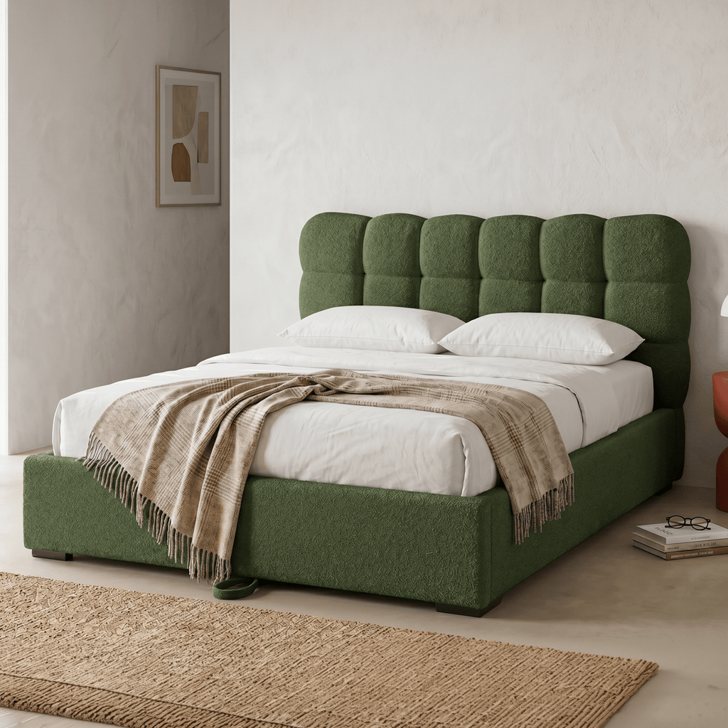 Lola - Lit Coffre Adulte avec Sommier et Tête de Lit Capitonnée en Tissu Bouclé - Vert