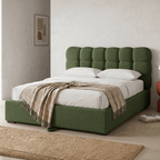 Lola - Lit Coffre Adulte avec Sommier et Tête de Lit Capitonnée en Tissu Bouclé - Vert