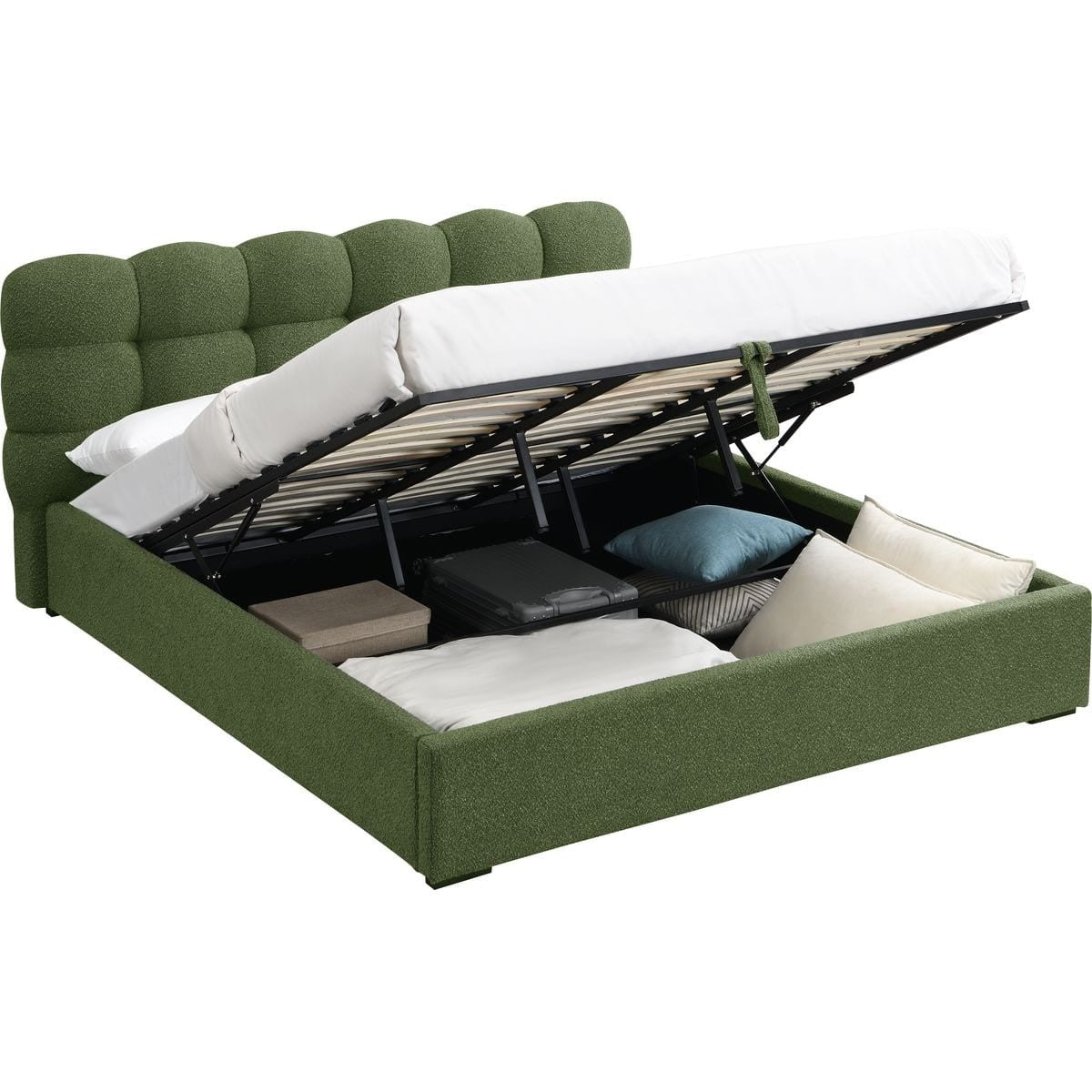 Lola - Lit Coffre Adulte avec Sommier et Tête de Lit Capitonnée en Tissu Bouclé - Vert