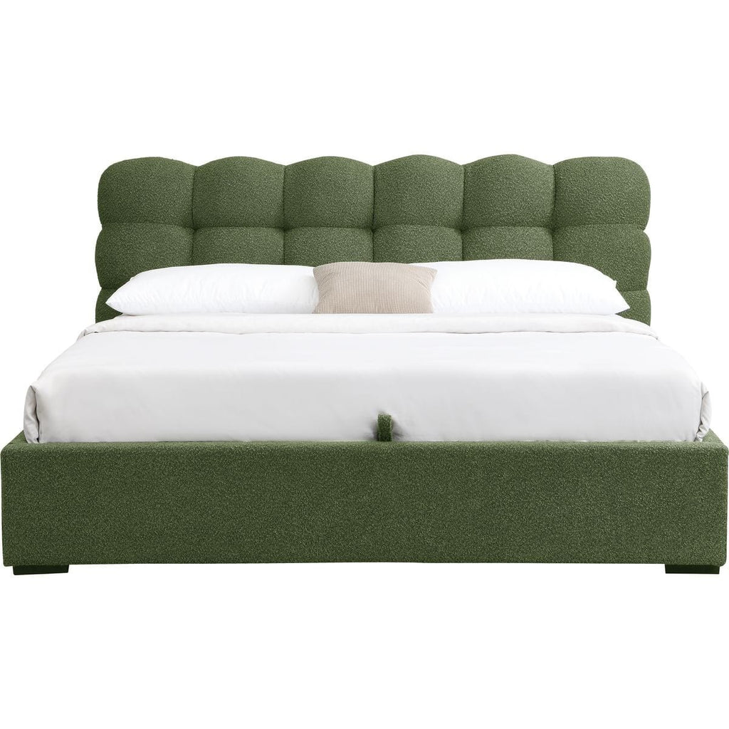 Lola - Lit Coffre Adulte avec Sommier et Tête de Lit Capitonnée en Tissu Bouclé - Vert