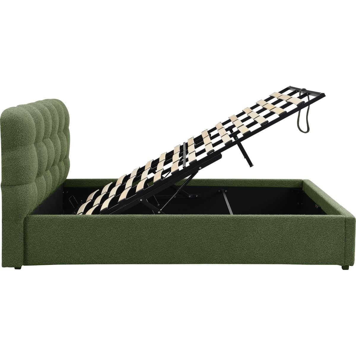 Lola - Lit Coffre Adulte avec Sommier et Tête de Lit Capitonnée en Tissu Bouclé - Vert