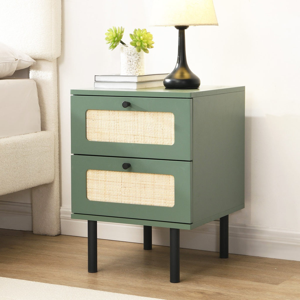 Luma - Table de Chevet 2 Tiroirs Cannage 40 cm - Vert