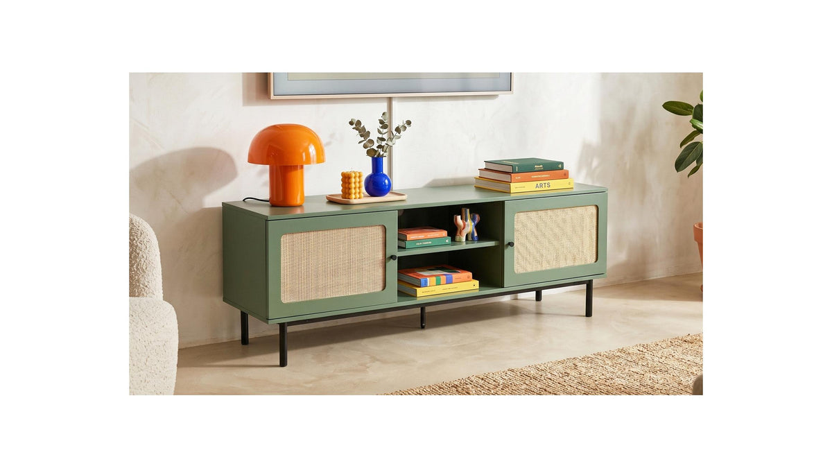 Luma - Meuble TV 2 Portes Cannage 160 cm - Vert