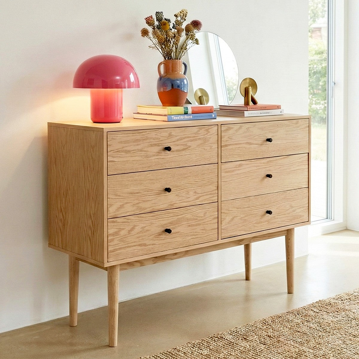 Lisa - Commode 6 Tiroirs Placage Chêne 120 cm - Bois