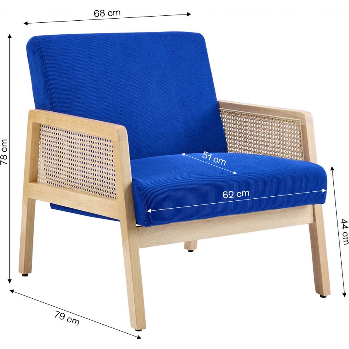 Mani - Fauteuil en Cannage et Velours Côtelé - Bleu Électrique
