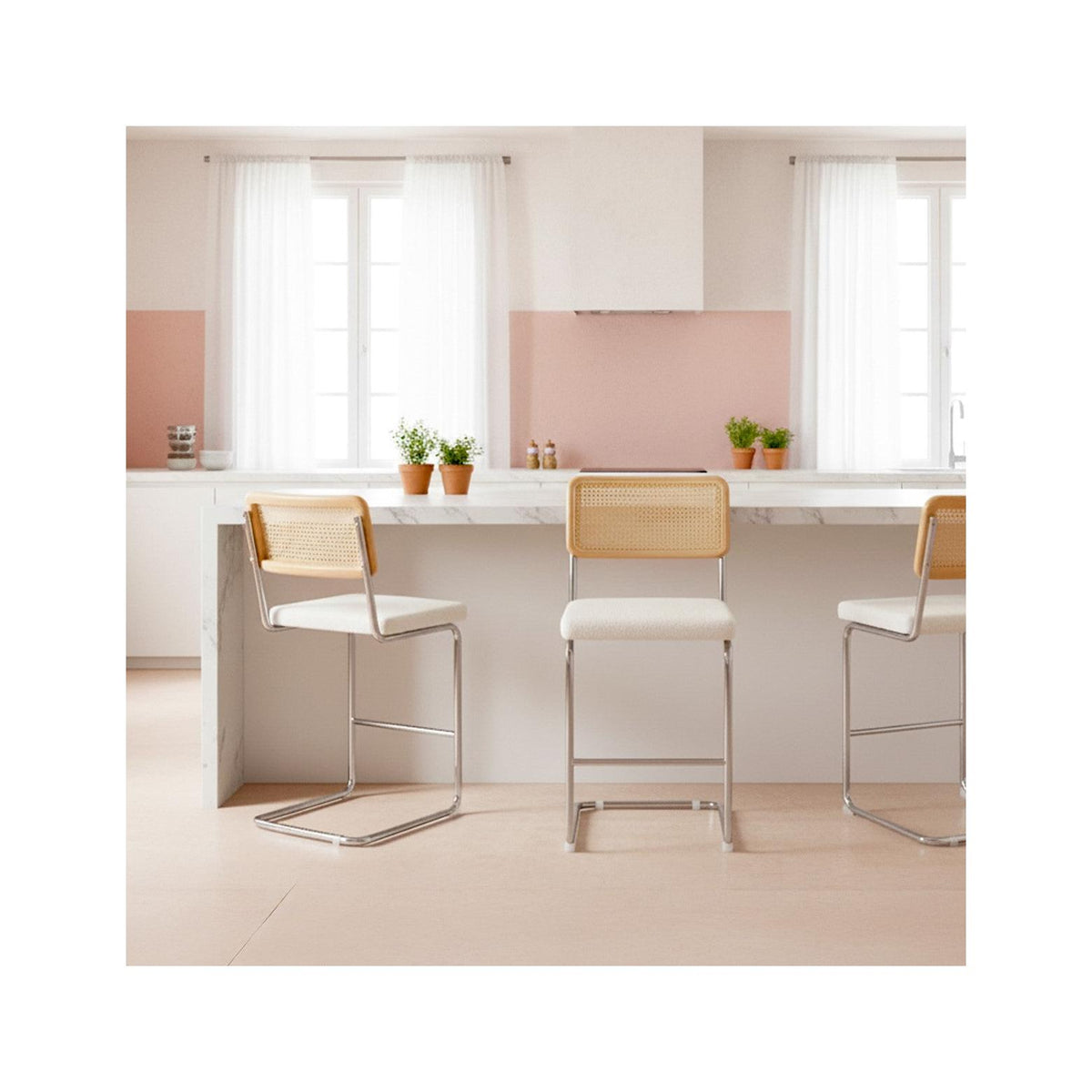 Muse - Lot de 2 Tabourets de Bar en Cannage et Tissu Bouclé - Beige