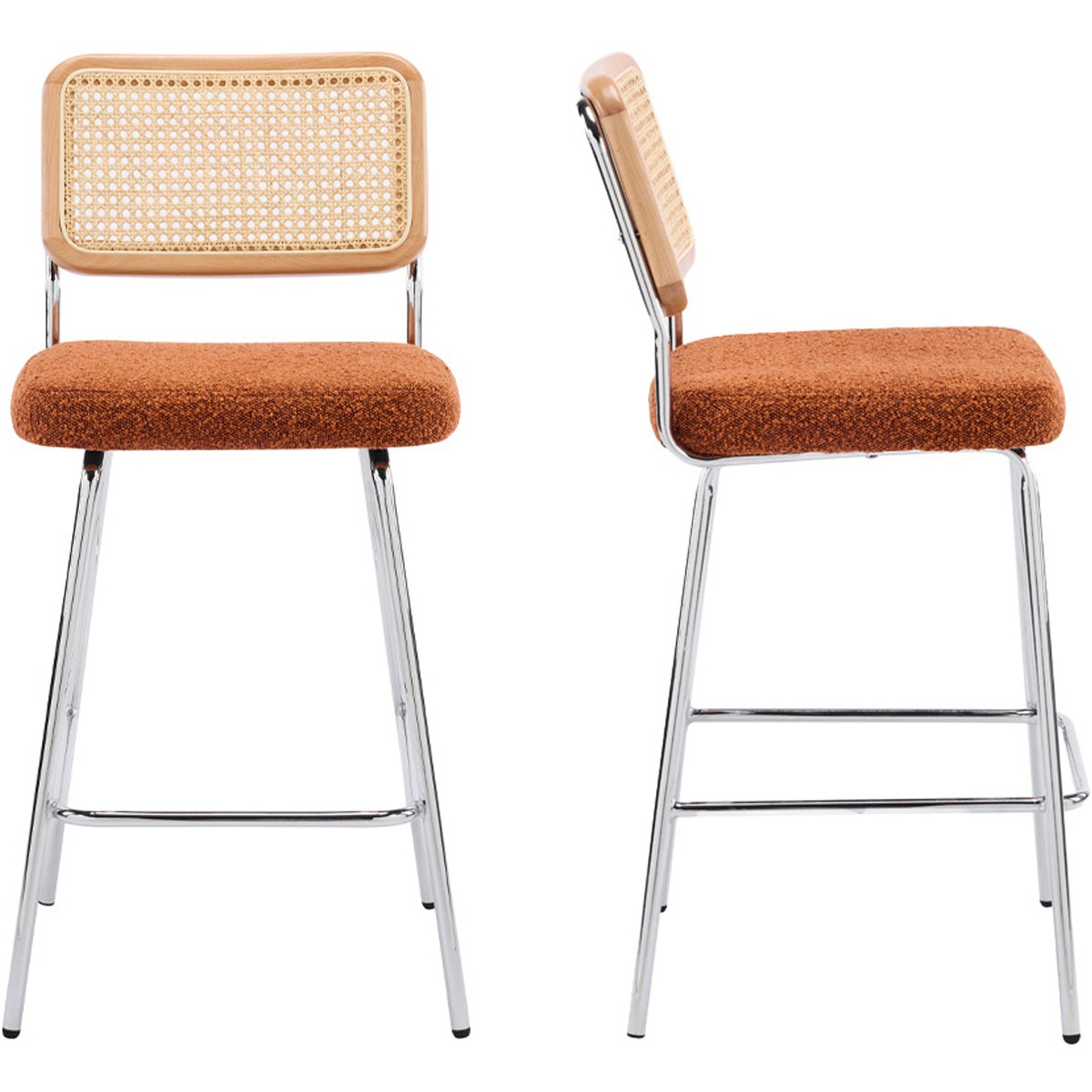 Muse - Lot de 2 Chaises de Bar en Cannage et Tissu Bouclé, Piètement Chromé - Rouille