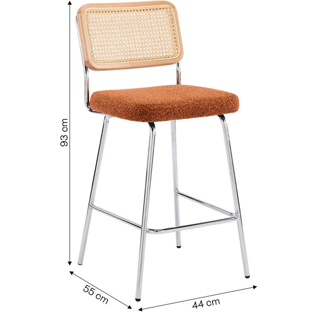 Muse - Lot de 2 Chaises de Bar en Cannage et Tissu Bouclé, Piètement Chromé - Rouille