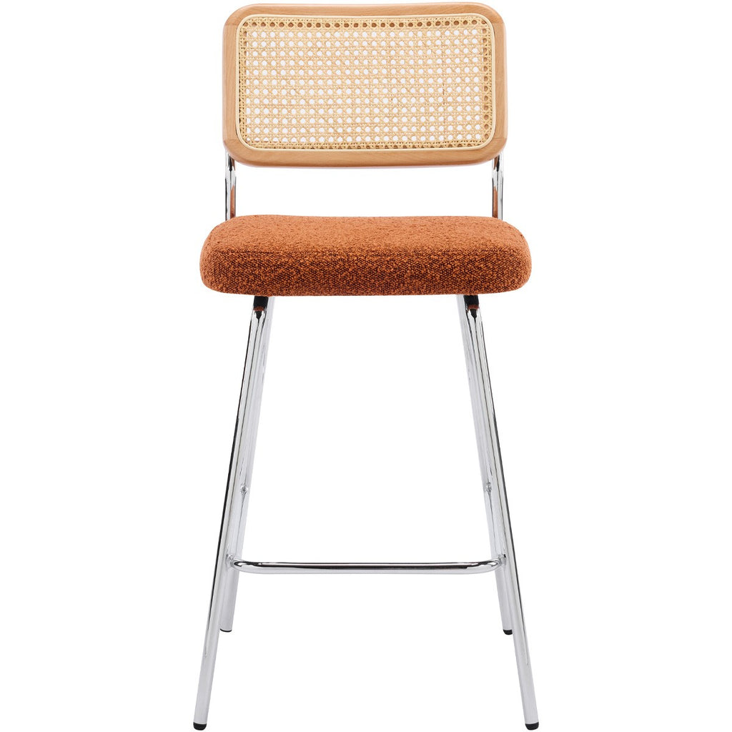 Muse - Lot de 2 Chaises de Bar en Cannage et Tissu Bouclé, Piètement Chromé - Rouille