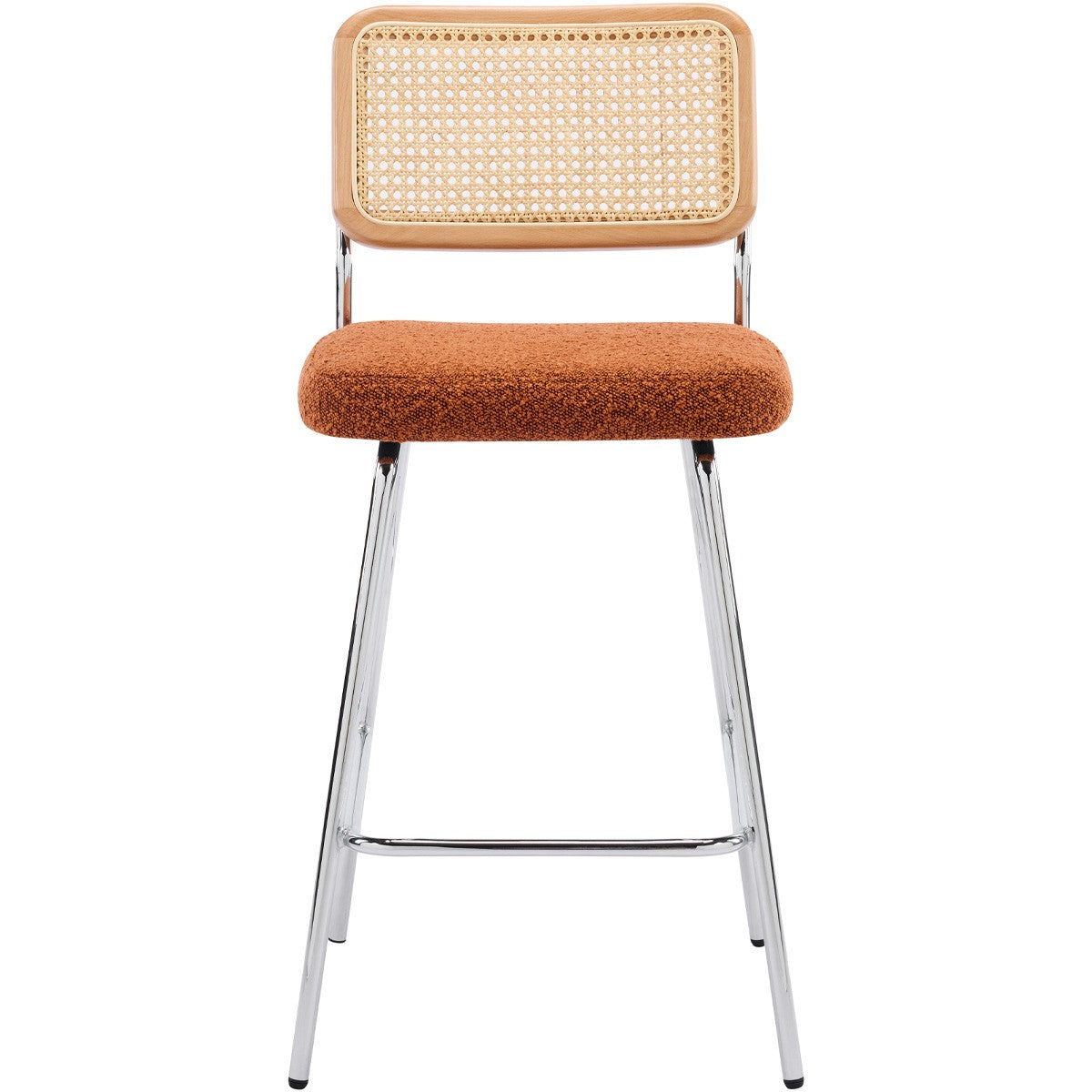 Muse - Lot de 2 Chaises de Bar en Cannage et Tissu Bouclé, Piètement Chromé - Rouille